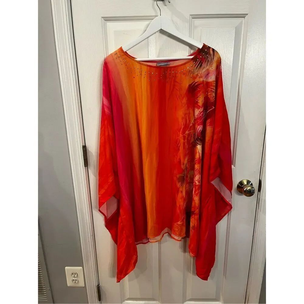 Catherine’s Pink & Orange Sunset Fern Print Caftan Top sz 3X EUC